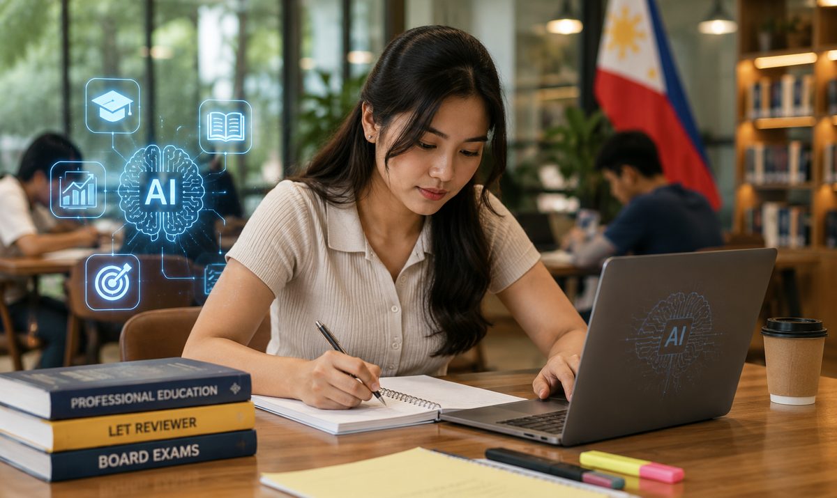 Filipino student preparing for board and civil service exams with AI-assisted review